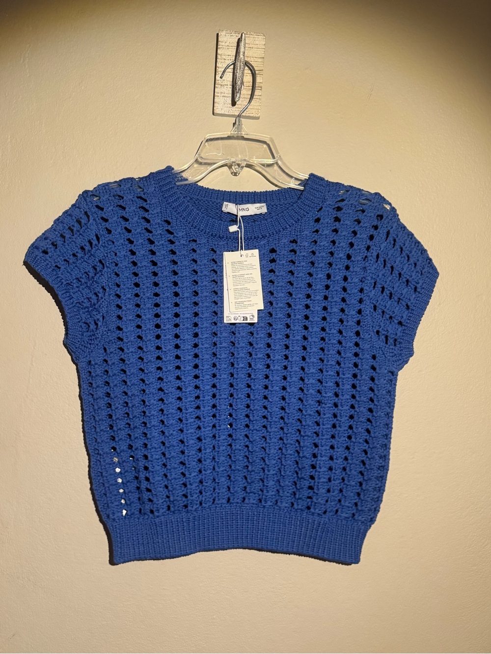 Mango Blue Crochet Knit Cap Sleeve Sweater Top
